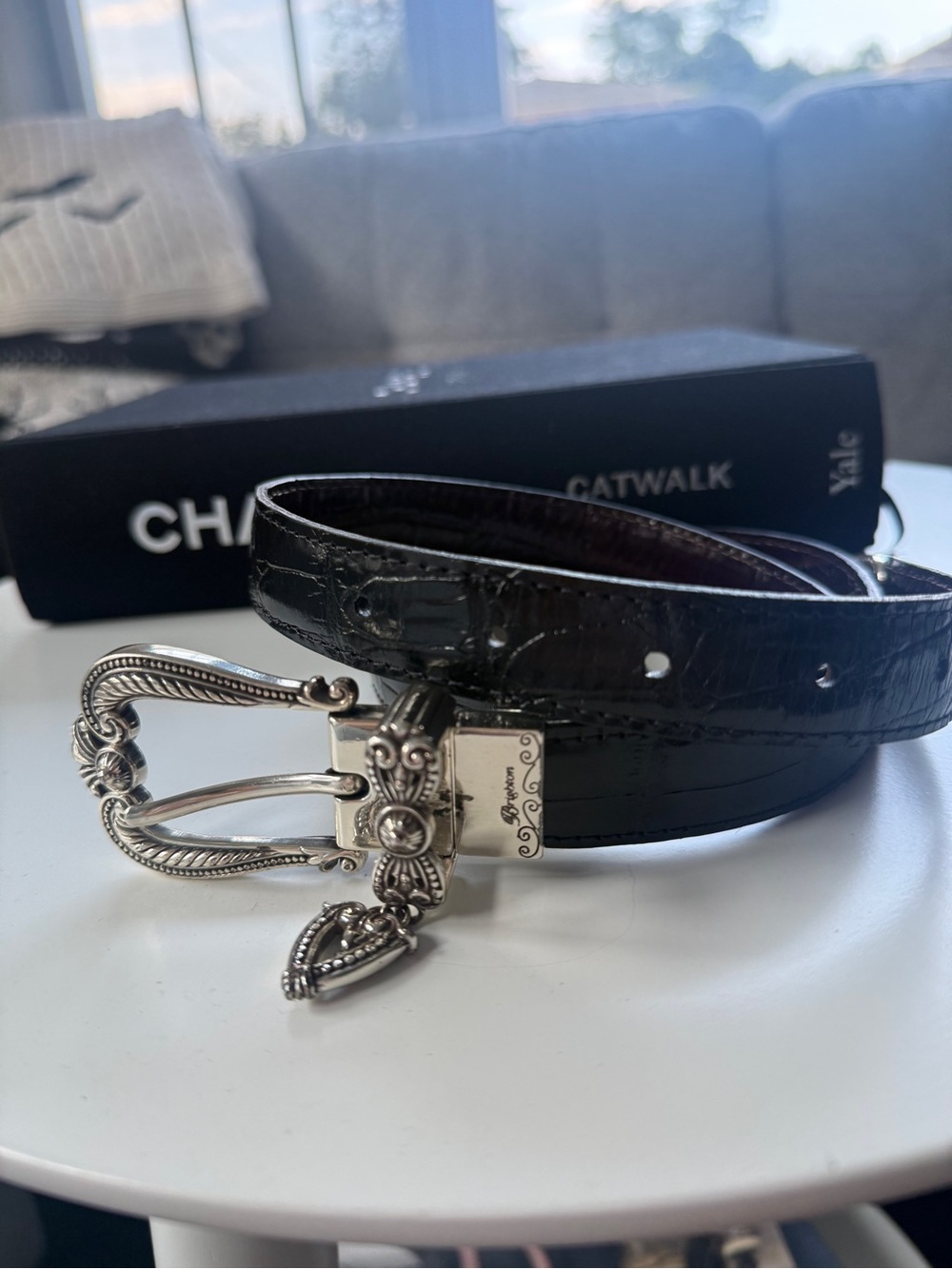Brighton Reversible Belt Size 34 Black/Burgundy Croc Embossed Silver Buckle